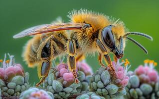 ai généré abeille repos sur multicolore végétation photo