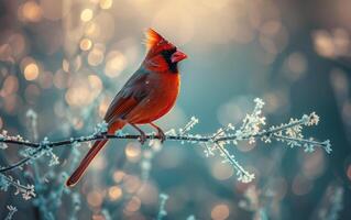 ai généré une vif cardinal s'installe sur une branche couvert avec la glace cristaux photo