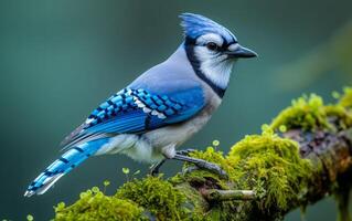 ai généré bleu geai stationné sur florissant mousse photo