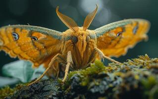 ai généré une détaillé macro photo de une papillon de nuit avec d'or ailes et complexe motifs, sur une rugueux texture