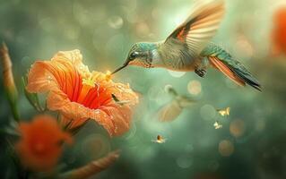 ai généré colibri extraire douceur de Orange Floraison photo