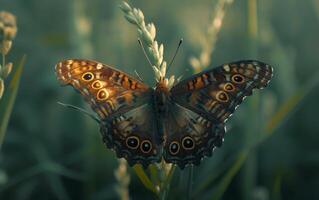 ai généré impressionnant foncé ombre papillon avec ravissant œil dessins sur ses ailes, perché gracieusement sur une vert brin de herbe photo