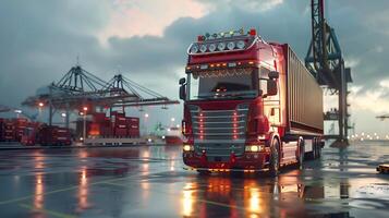 ai généré un camion bande annonce sur le jetée dans le cargaison Port Terminal avec grues et conteneurs. ai généré photo