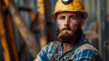 ai généré portrait de une travail homme dans une uniforme et une difficile chapeau. ai généré photo