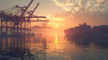 ai généré une navire pour transportant cargaison conteneurs et aussi déchargement il à le les quais de une cargaison port. ai généré photo