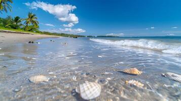 Azur côte de le océan avec paume des arbres, sable, le surf et coquilles. ai généré photo