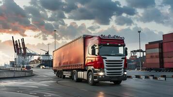 ai généré un camion bande annonce sur le jetée dans le cargaison Port Terminal avec grues et conteneurs. ai généré photo