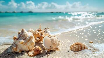 ai généré Azur côte de le océan avec paume des arbres, sable, le surf et coquilles. ai généré photo