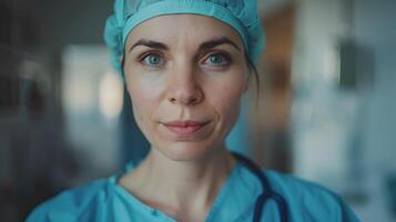 ai généré portrait de une femelle médical ouvrier avec une stéthoscope. ai généré photo