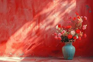 ai généré une bleu céramique vase avec une bouquet de fleurs sur une rouge mur photo