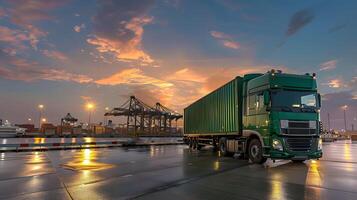 ai généré un camion bande annonce sur le jetée dans le cargaison Port Terminal avec grues et conteneurs. ai généré photo