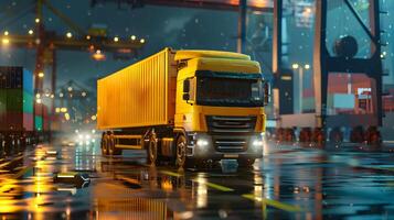 ai généré un camion bande annonce sur le jetée dans le cargaison Port Terminal avec grues et conteneurs. ai généré photo