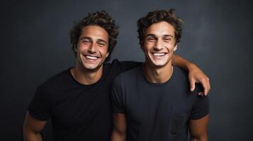 ai généré deux de bonne humeur Jeune Hommes posant ensemble dans de face de une foncé Contexte photo