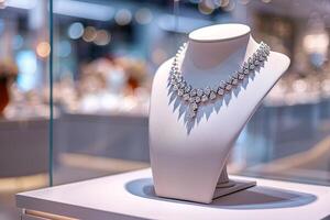 ai généré magnifique coûteux argent diamant Collier dans une bijoux boutique fenêtre photo