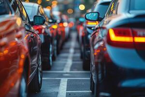 ai généré vue de le espace entre beaucoup voitures garé dans le parking lot photo