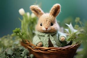 ai généré mignonne tricoté jouet lapin dans une panier photo