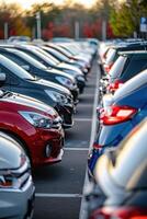 ai généré verticale vue de le espace entre beaucoup voitures garé de face à retour dans une parking lot photo