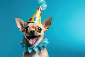 ai généré mignonne content souriant chihuahua chien portant une fête anniversaire chapeau et volant sur une lumière bleu studio Contexte photo