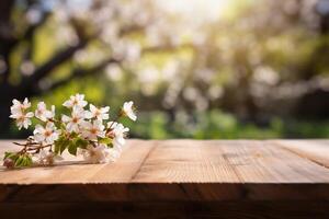 ai généré vide en bois table Haut avec branche de Cerise fleurs sur flou printemps parc Contexte pour produit afficher ou montage photo