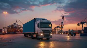 ai généré un camion bande annonce sur le jetée dans le cargaison Port Terminal avec grues et conteneurs. ai généré photo