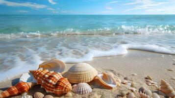 ai généré Azur côte de le océan avec paume des arbres, sable, le surf et coquilles. ai généré photo