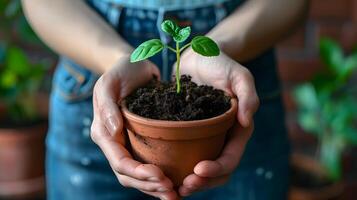 ai généré Humain paumes tenir sol avec une vert petit plante comme une concept pour affaires développement. ai généré photo