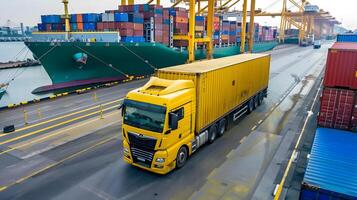 ai généré un camion bande annonce sur le jetée dans le cargaison Port Terminal avec grues et conteneurs. ai généré photo