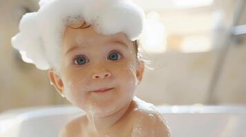 ai généré une mignonne peu enfant avec peu mousse sur le sien diriger. ai généré photo