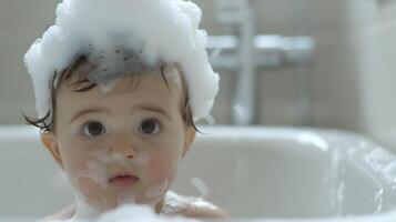 ai généré une mignonne peu enfant avec peu mousse sur le sien diriger. ai généré photo