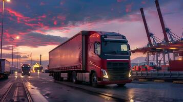 ai généré un camion bande annonce sur le jetée dans le cargaison Port Terminal avec grues et conteneurs. ai généré photo