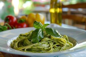 ai généré fraîchement fabriqué Pesto Pâtes sur une table dans une cinque terre restaurant idéal pour italien cuisine et mode de vie photo