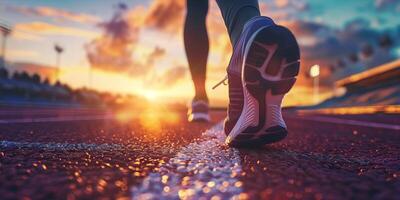 ai généré déterminé coureur à le coucher du soleil sur Piste champ - une récit de athlétique persévérance et formation photo