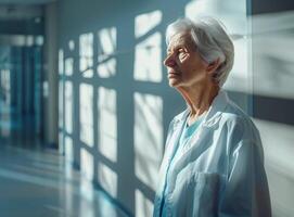 ai généré sur de soi Sénior femelle médecin dans hôpital couloir représentant soins de santé professionnels photo