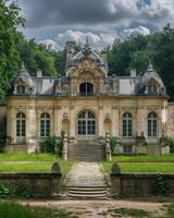 ai généré majestueux historique Manoir niché dans verdoyant les bois - idéal pour période drames et luxe thèmes photo