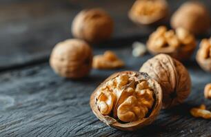 ai généré texturé noix sur en bois surface pour en bonne santé collations et cuisine Ingrédients photo