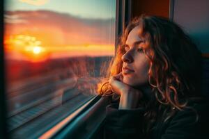 ai généré contemplatif Jeune femme regarder en dehors de train fenêtre à coucher de soleil, idéal pour thèmes de Voyage et réflexion photo