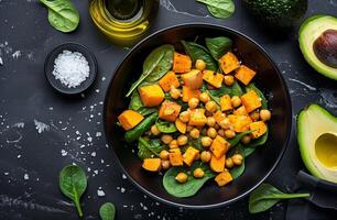 ai généré Frais végétalien épinard et pois chiche salade avec Avocat et citrouille - en bonne santé en mangeant concept photo