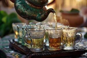 ai généré marocain menthe thé verser la cérémonie avec traditionnel des lunettes et théière, capturer le essence de marocain hospitalité photo