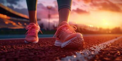ai généré déterminé coureur à le coucher du soleil sur Piste champ - une récit de athlétique persévérance et formation photo