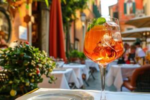 ai généré apéritif temps avec spritz des cocktails dans une vénitien piazza - parfait pour nourriture et Voyage éditorial utilisation photo