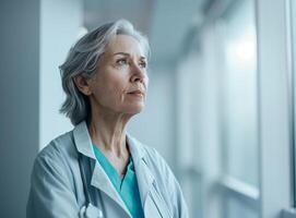 ai généré sur de soi Sénior femelle médecin dans hôpital couloir représentant soins de santé professionnels photo