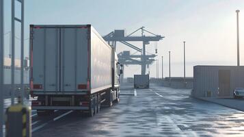 ai généré un camion bande annonce sur le jetée dans le cargaison Port Terminal avec grues et conteneurs. ai généré photo