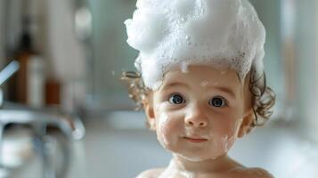 ai généré une mignonne peu enfant avec peu mousse sur le sien diriger. ai généré photo