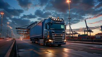 ai généré un camion bande annonce sur le jetée dans le cargaison Port Terminal avec grues et conteneurs. ai généré photo