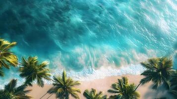 Azur côte de le océan avec paume des arbres, sable, le surf et coquilles. ai généré photo