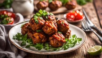 ai généré frit Boulettes de viande sur assiette photo