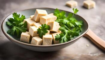 ai généré Tofu cubes dans bol et persil photo