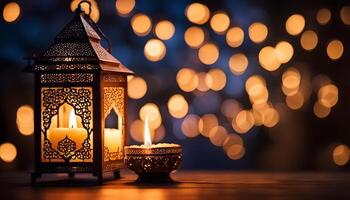 ai généré ornemental arabe lanterne avec brûlant bougie embrasé à nuit. photo