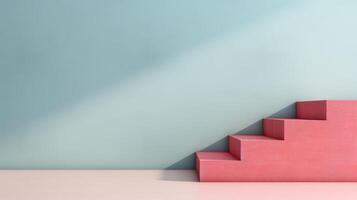 ai généré minimaliste rose escalier contre une doux bleu pente Contexte dans studio éclairage photo