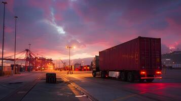 ai généré un camion bande annonce sur le jetée dans le cargaison Port Terminal avec grues et conteneurs. ai généré photo